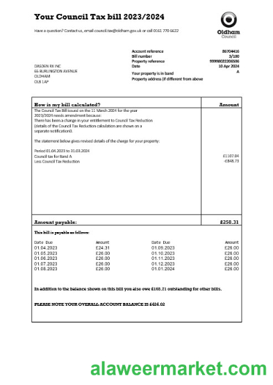 United Kingdom Oldham council tax business utility bill template in Word and PDF formats